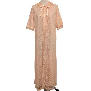 Vintage I Magnin Odette Barsa Sz M/L Cream Pink Lace Bow House Dress Gown Robe